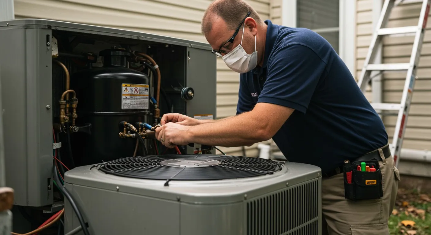 A man wearing a mask works on an AC.