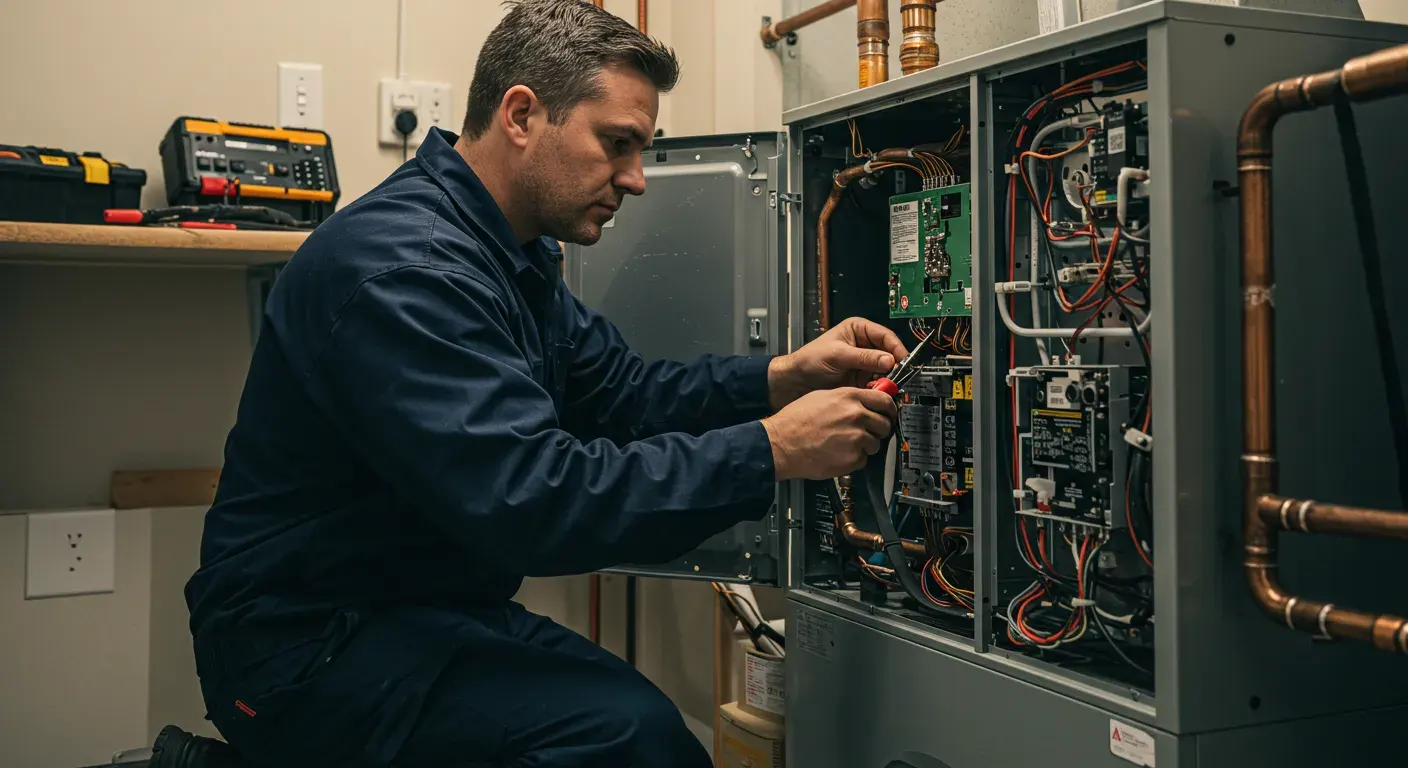 A technician kneels while using a tool to work on the wiring inside an open furnace unit.