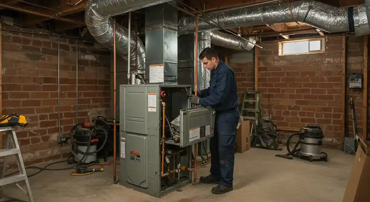 A technician stands in a basement working on a furnace with its side panel removed, exposing the internal components.