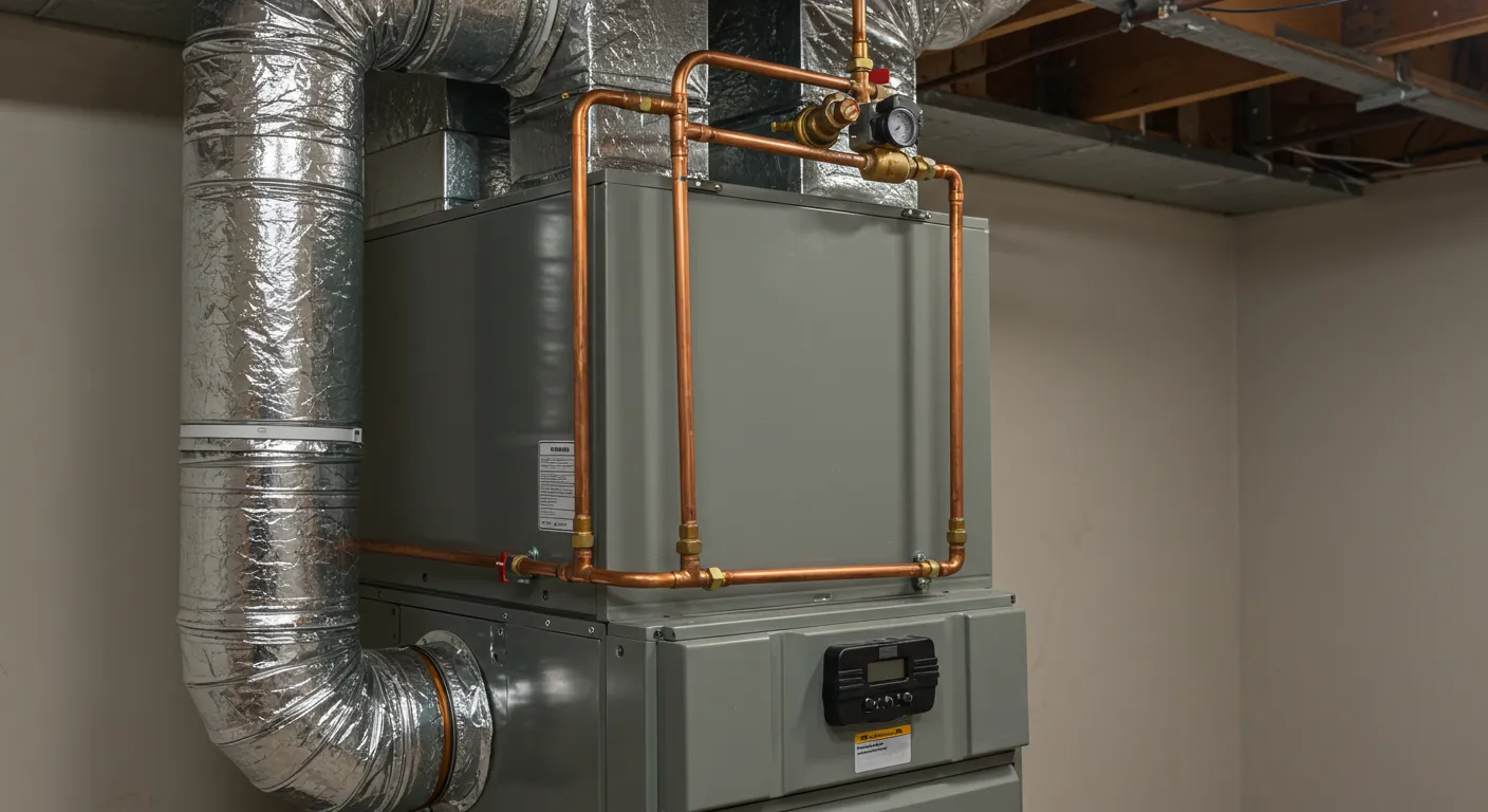 A low-angle shot of a new furnace with visible copper pipes and a large, insulated duct.