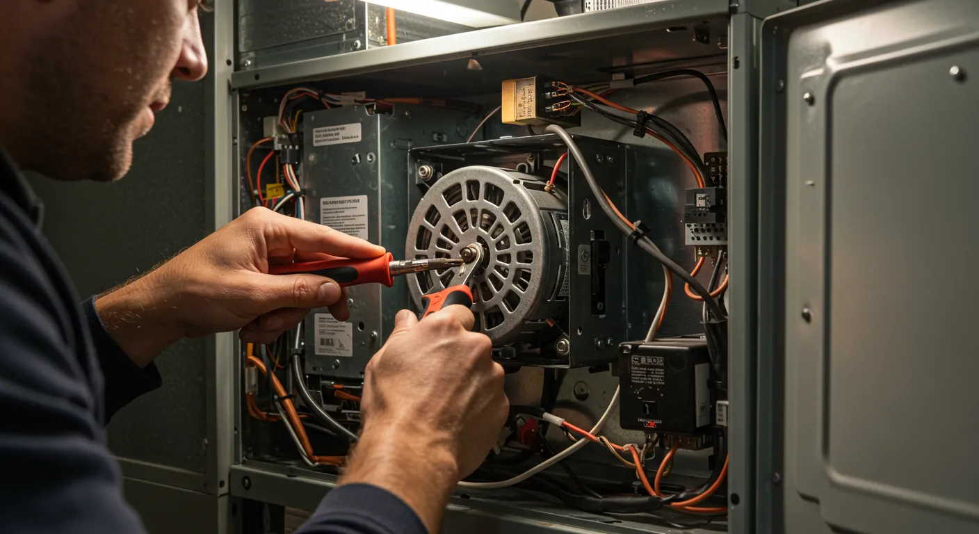 A close-up of a technician's hands using pliers and a screwdriver to work on the motor inside a furnace.