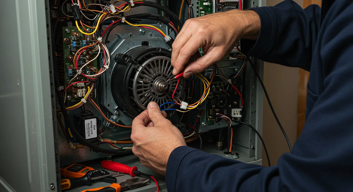 A close-up of a technician's hands holding red and blue wires to test the fan motor of a furnace.