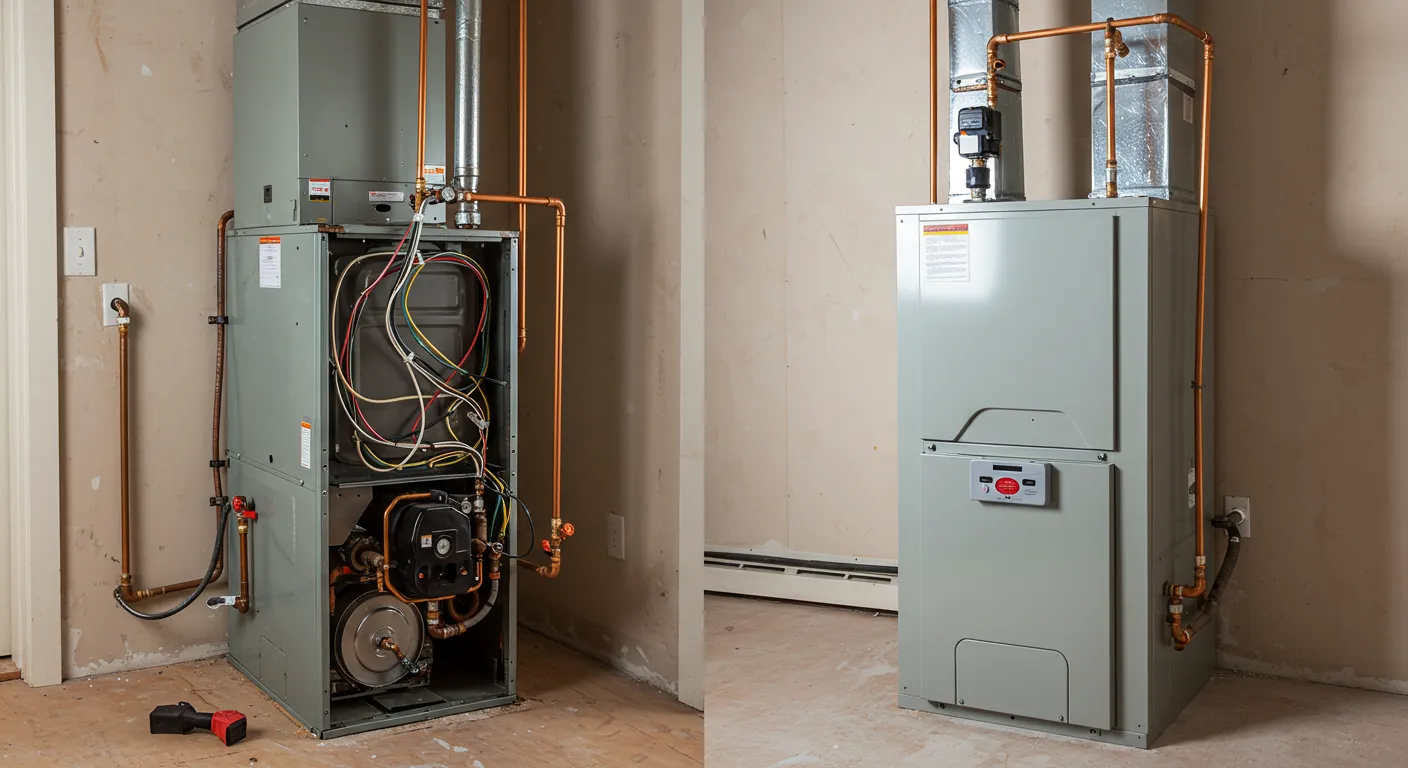 A split image showing an old furnace with its panel removed next to a new, fully installed furnace system.