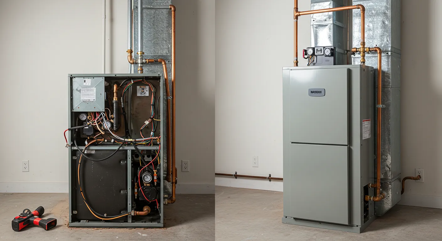A side-by-side view showing an old furnace with its cover removed next to a new, replacement unit.