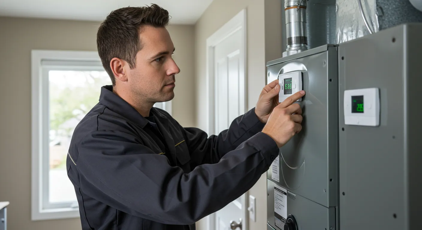 A technician adjusts a digital temperature control panel mounted on a new furnace unit.