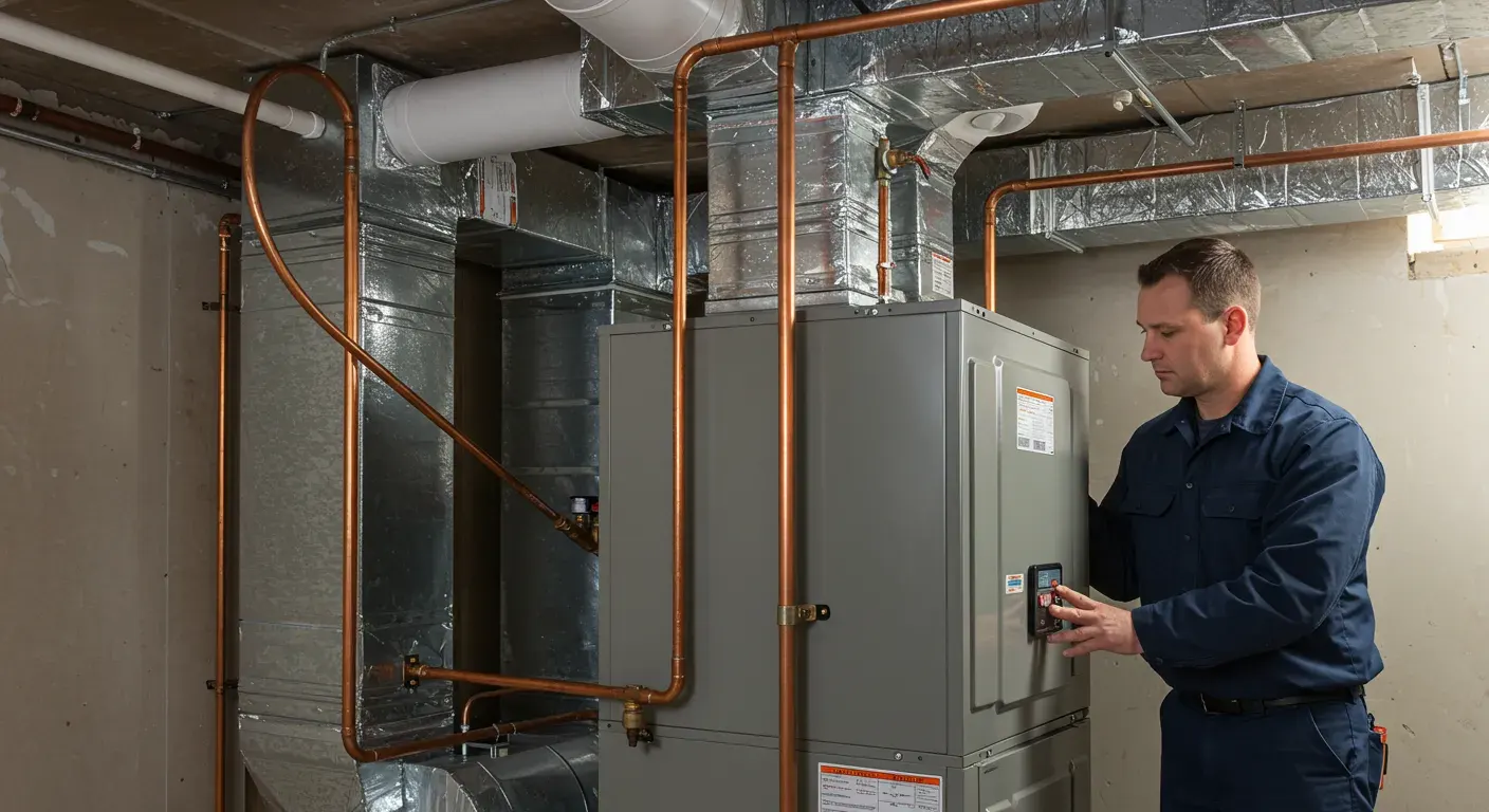 A technician adjusts the digital control panel on a new furnace, which is integrated with copper pipes and metal ductwork.