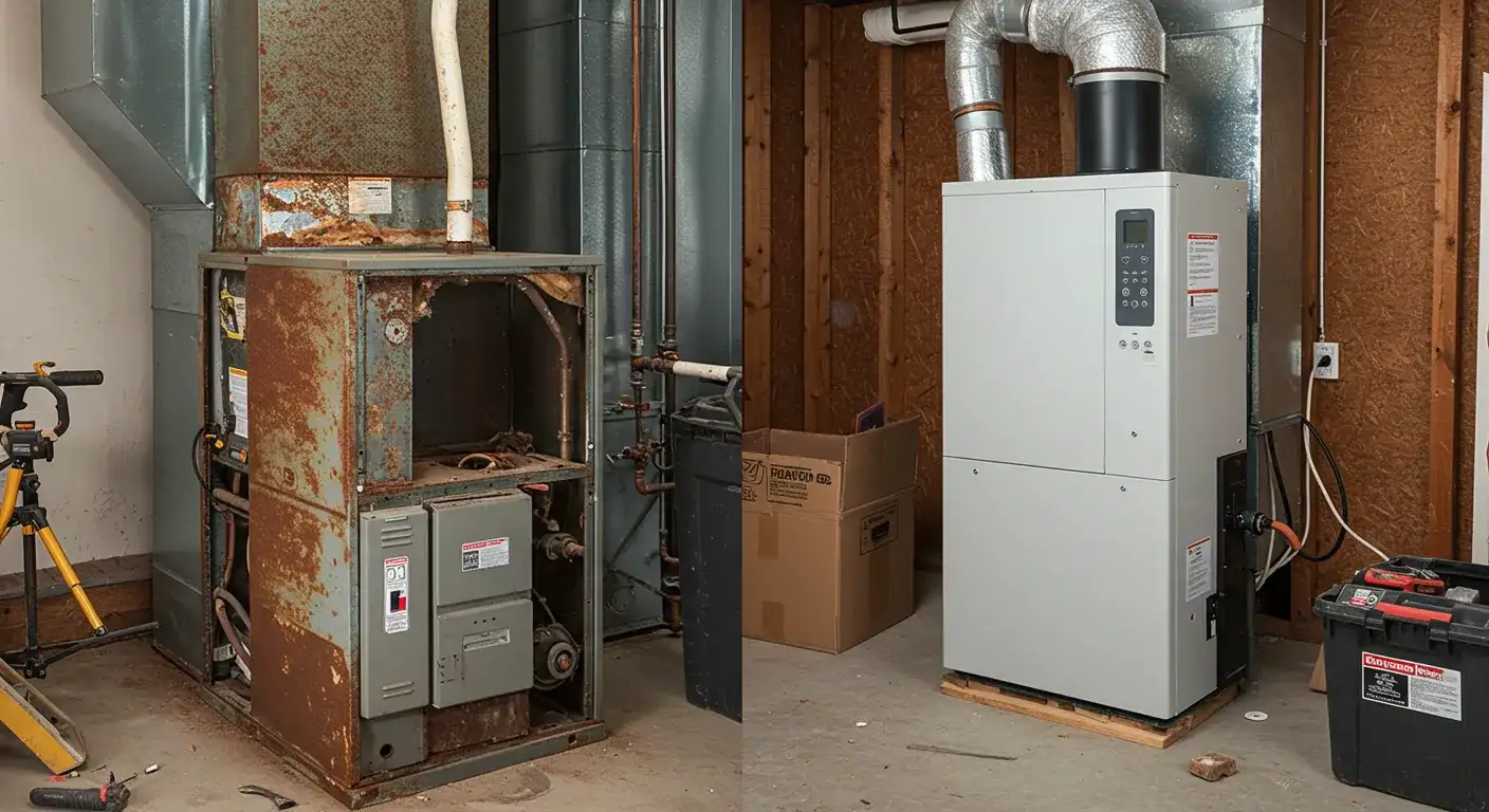 A side-by-side comparison of a rusted, dilapidated furnace next to a brand new, clean furnace.