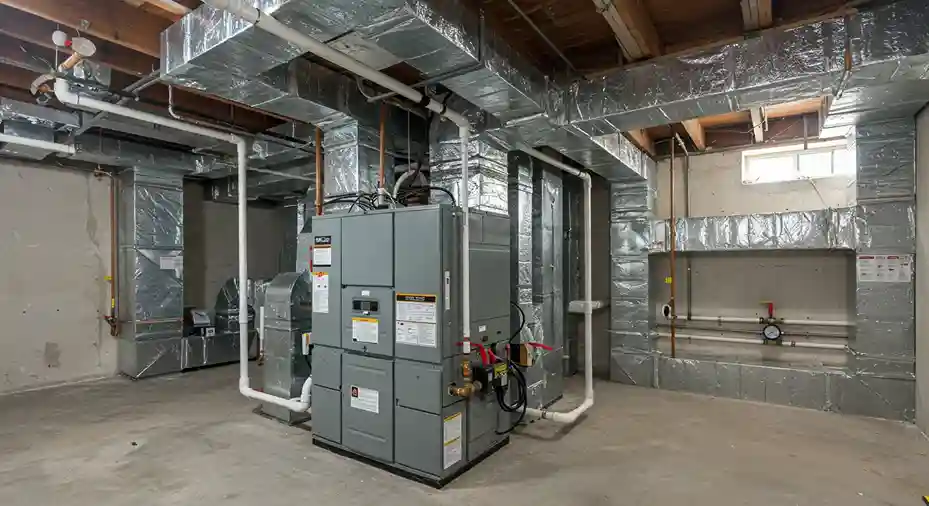Two modern furnaces with extensive insulated ductwork installed in a new, clean basement with a concrete floor.