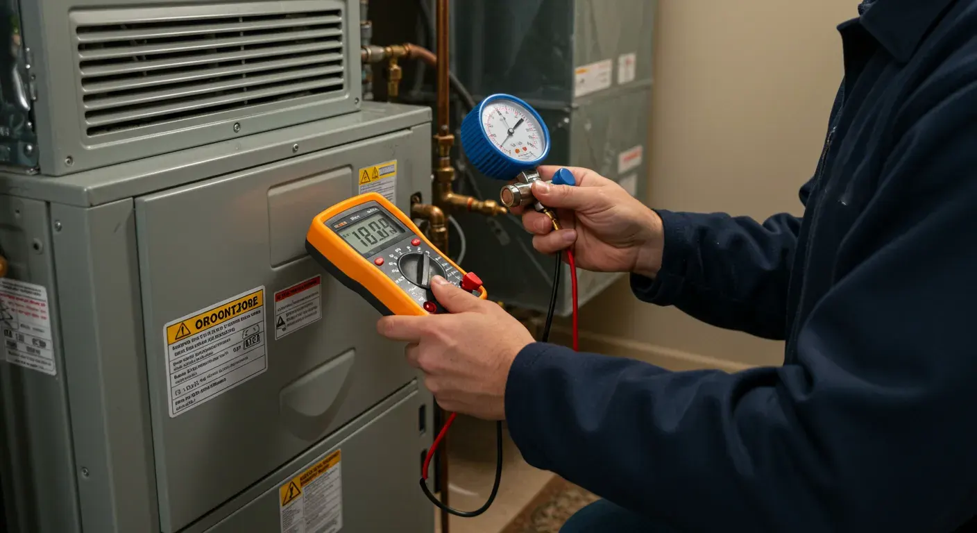 Close-up of a technician using a digital multimeter and manifold gauge on a furnace.