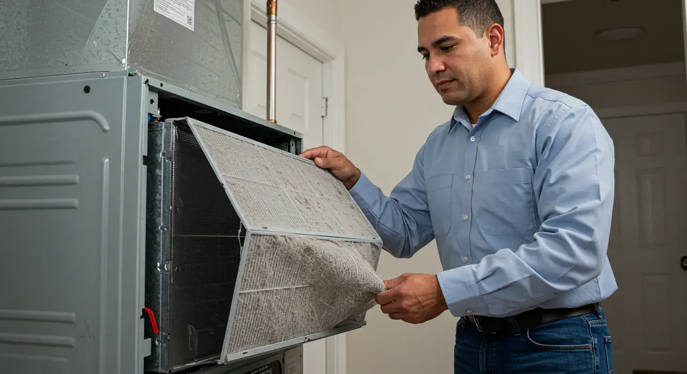 HVAC technician holding a heavily clogged furnace filter.