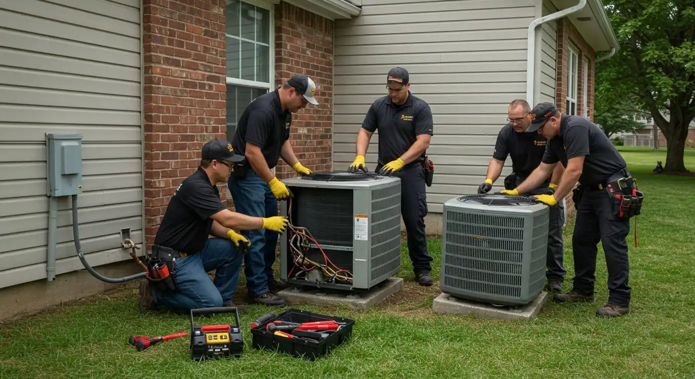 Four HVAC technicians servicing two AC units.