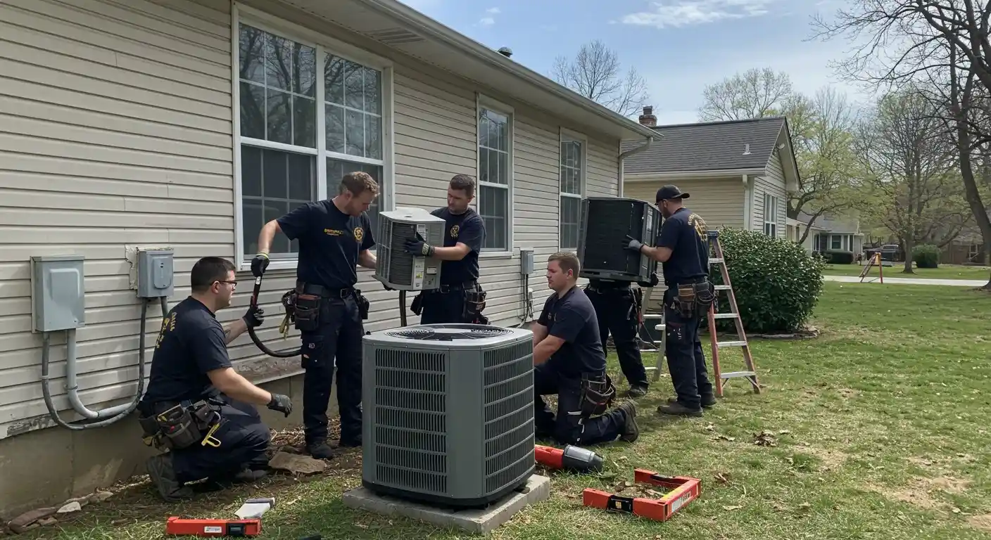 Six technicians replacing a home AC unit.