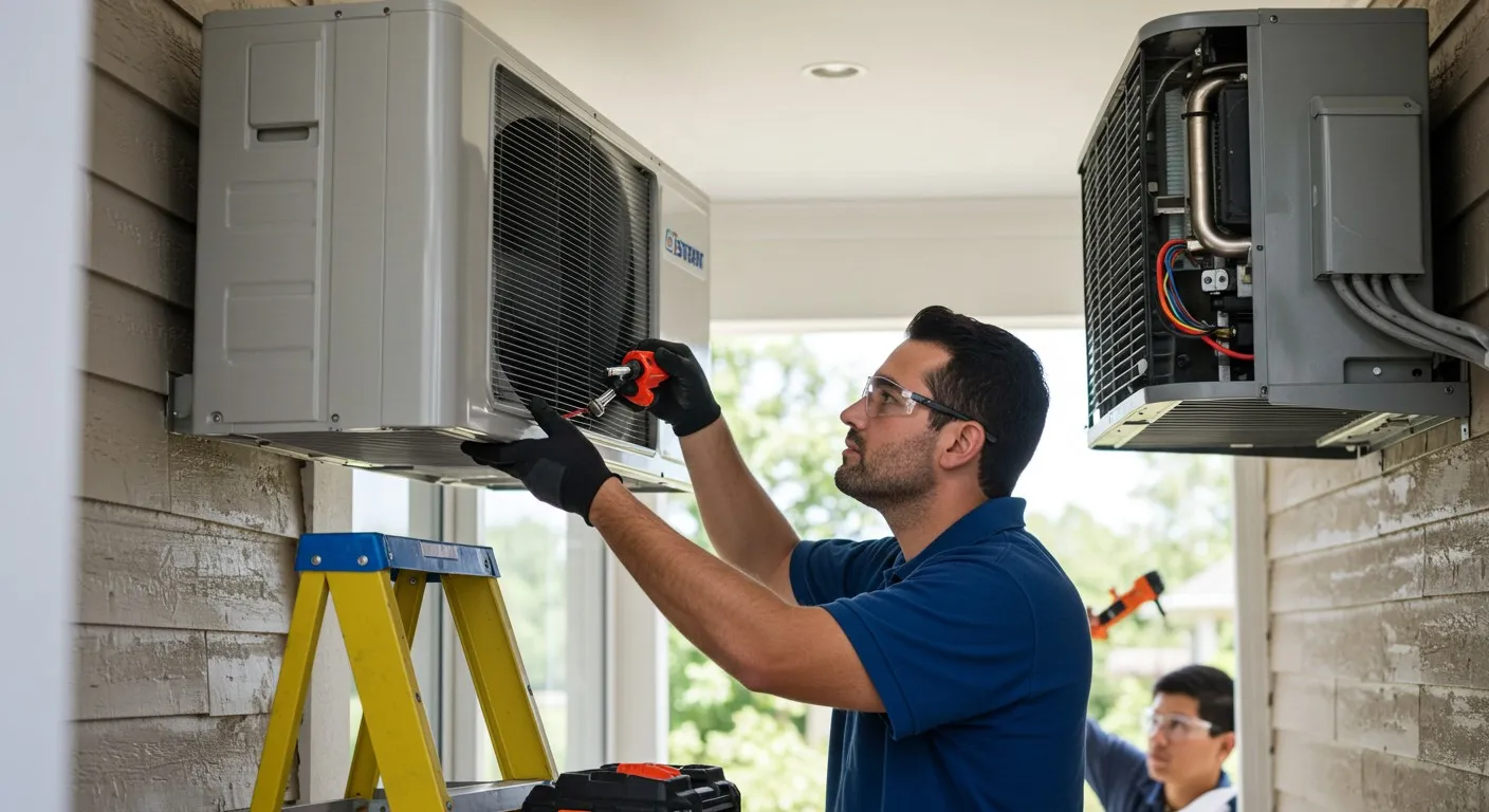 Man replacing on mini-split outdoor unit.