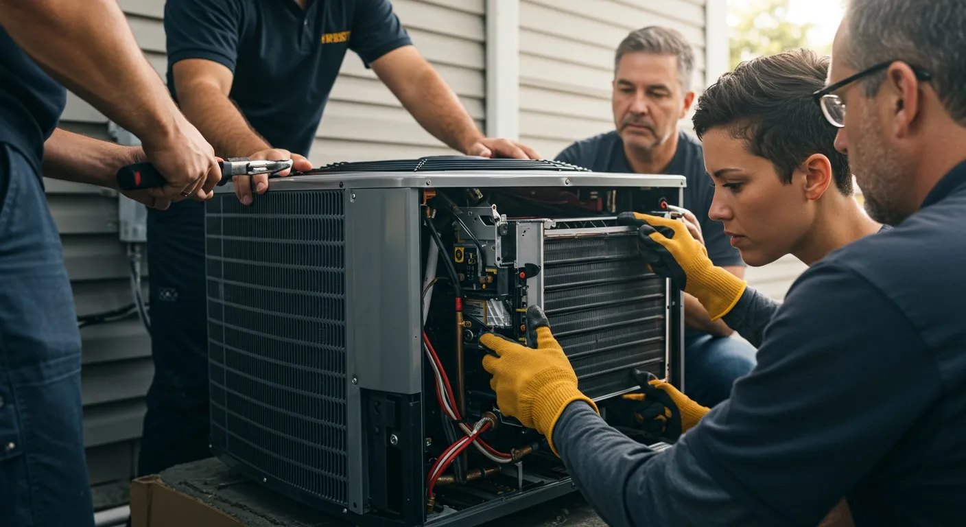 Four technicians replacing a central AC unit.