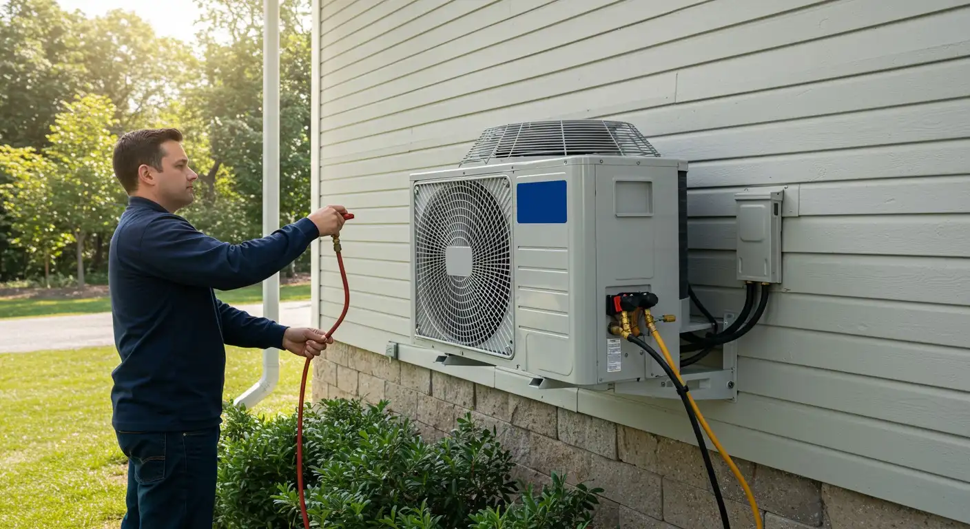 Man flushing lines of a mini-split.