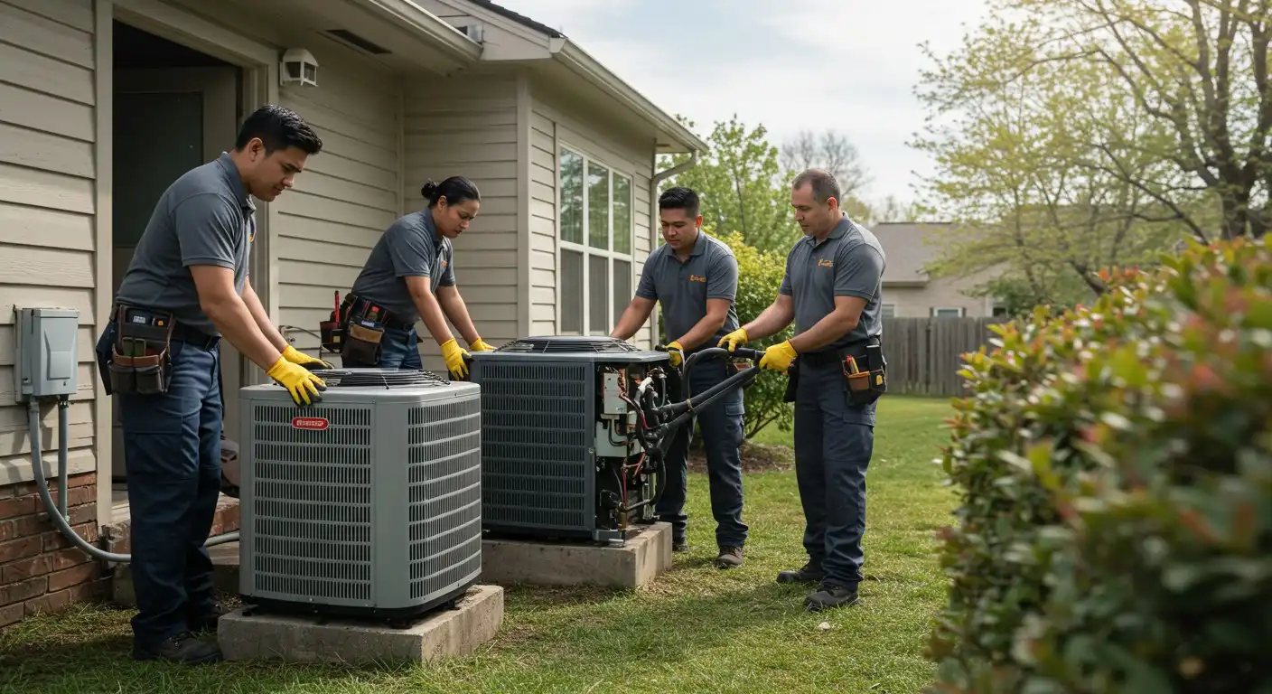 Four technicians replacing two outdoor AC units.