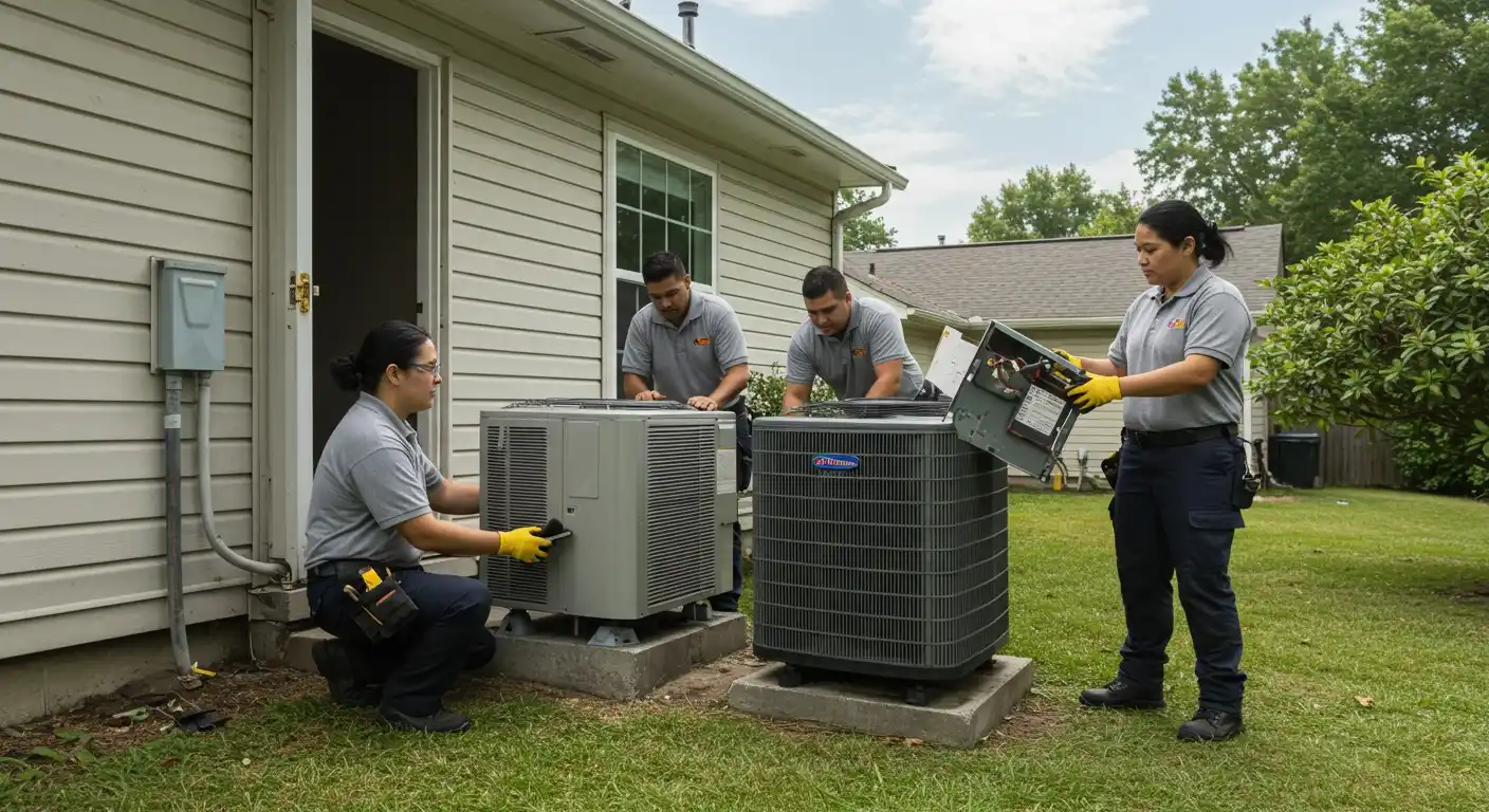 Four technicians servicing two outdoor AC units.