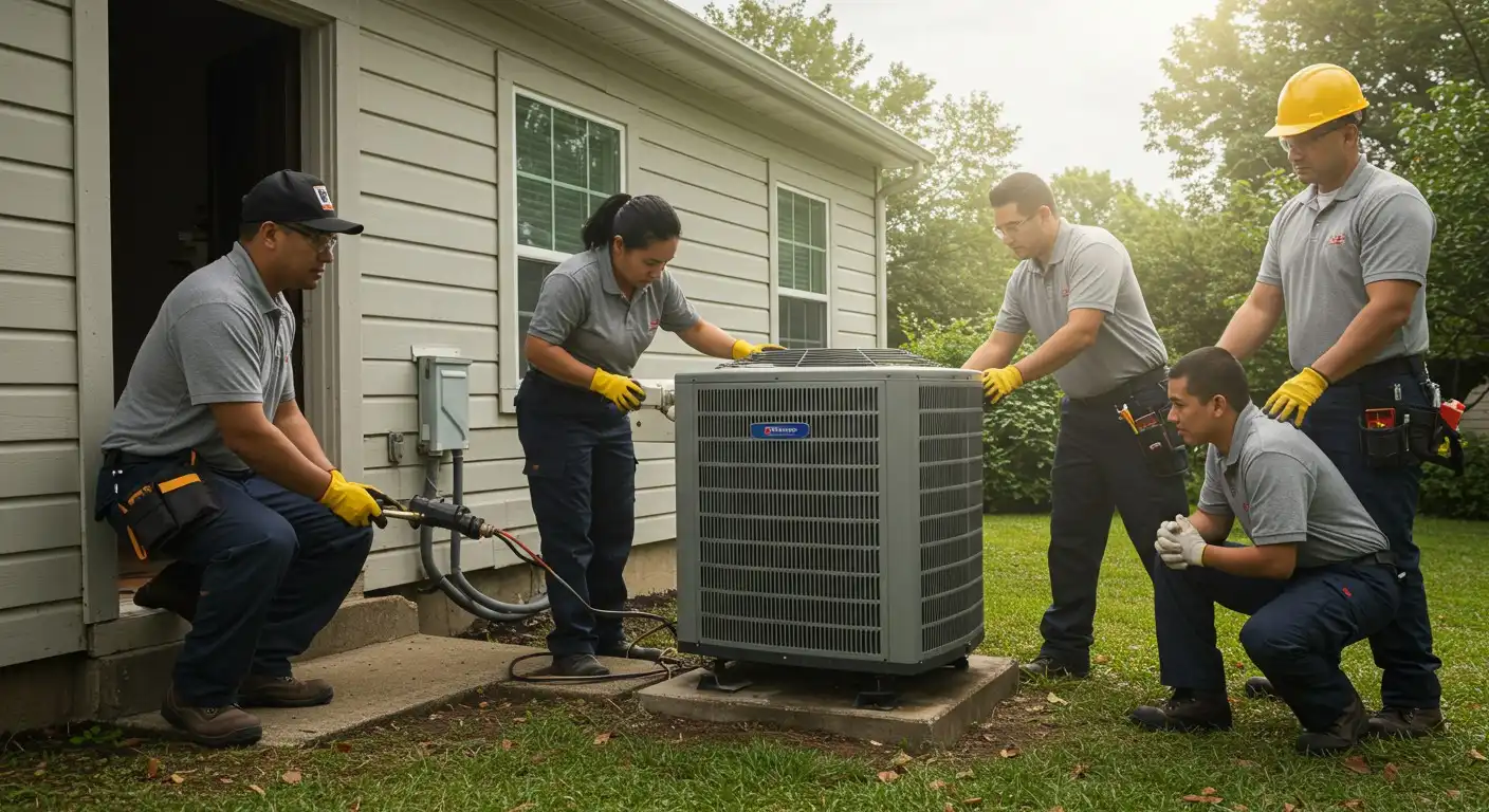 Five technicians replacing an outdoor AC unit.