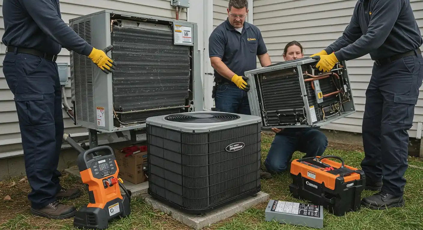 Four technicians replacing two outdoor units.