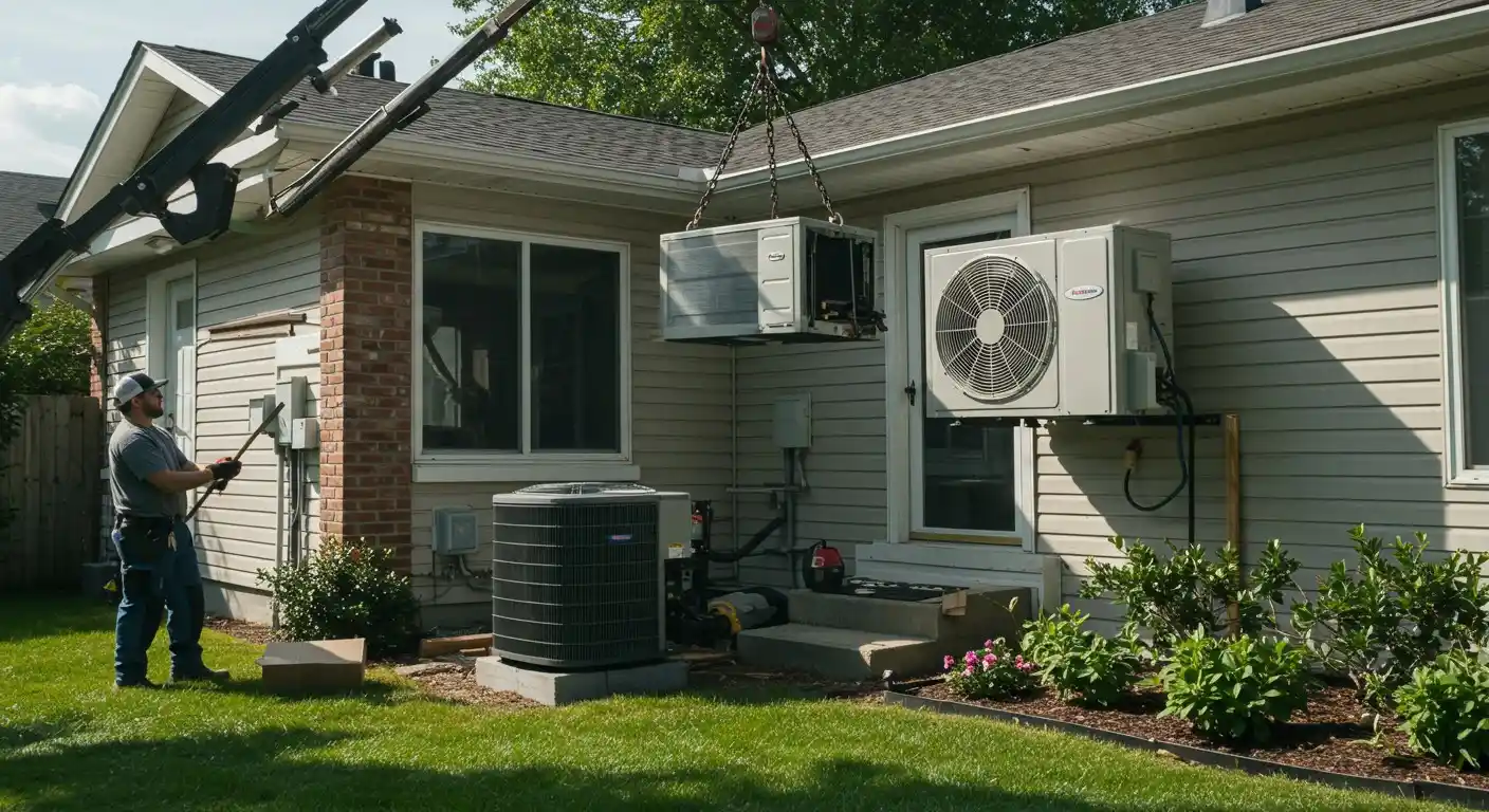 Man replacing an outdoor AC unit with a crane.
