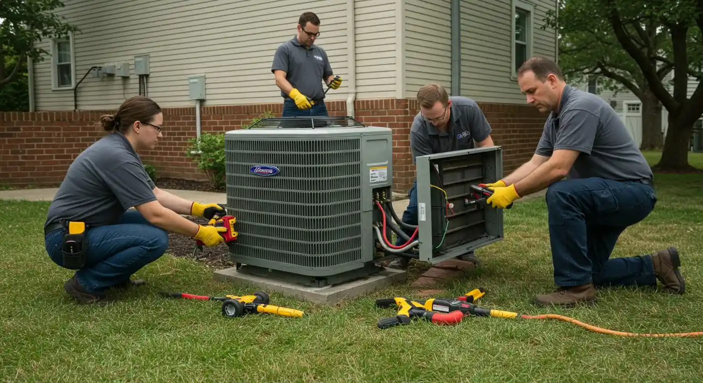 Four technicians replacing an outdoor AC unit.