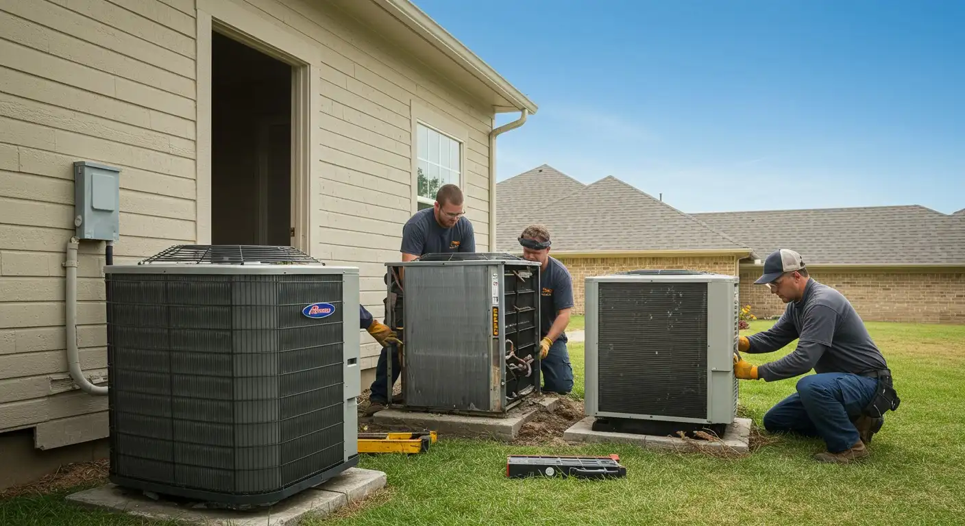 Three technicians replacing two AC units.