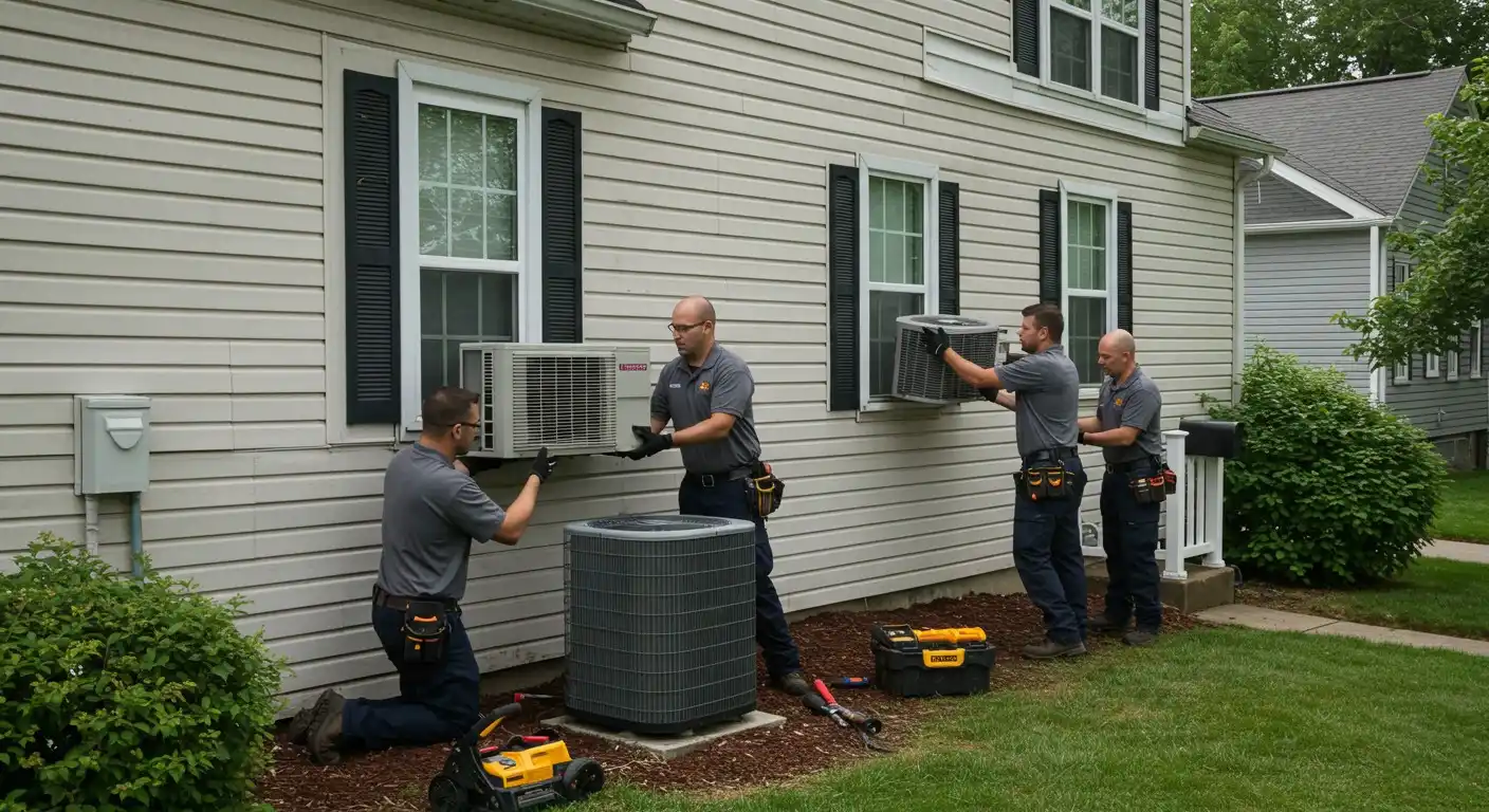 Four technicians replacing two mini-splits.