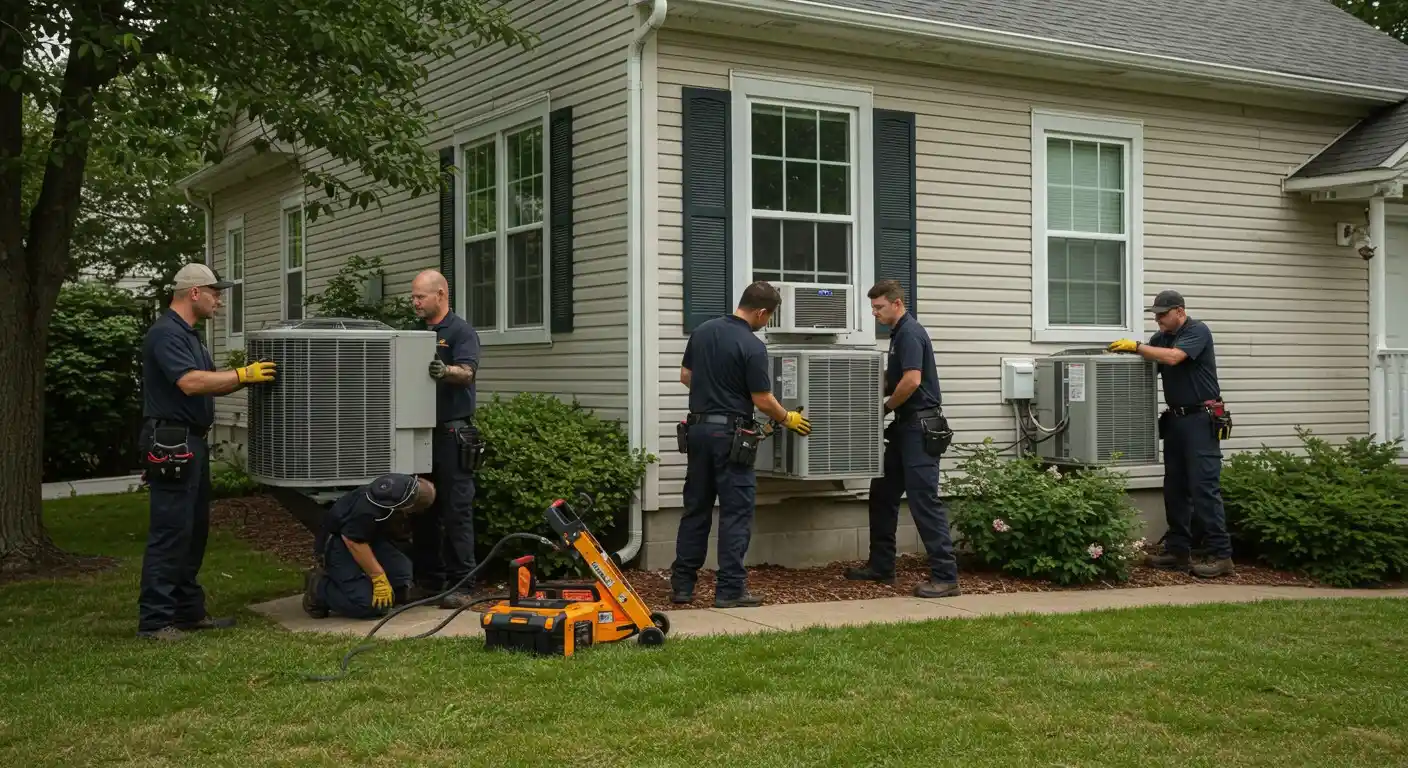 Six technicians replacing multiple AC units.