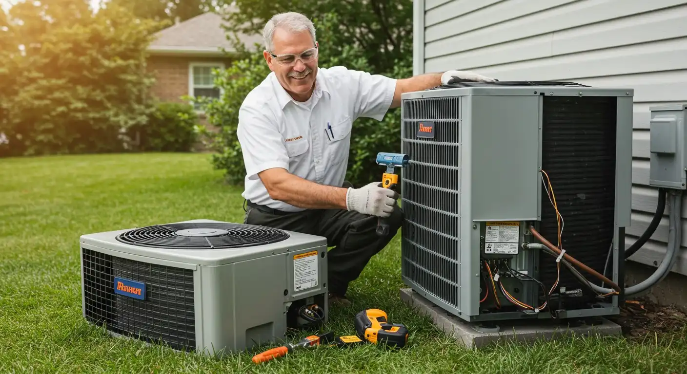 man servicing two outdoor AC units.