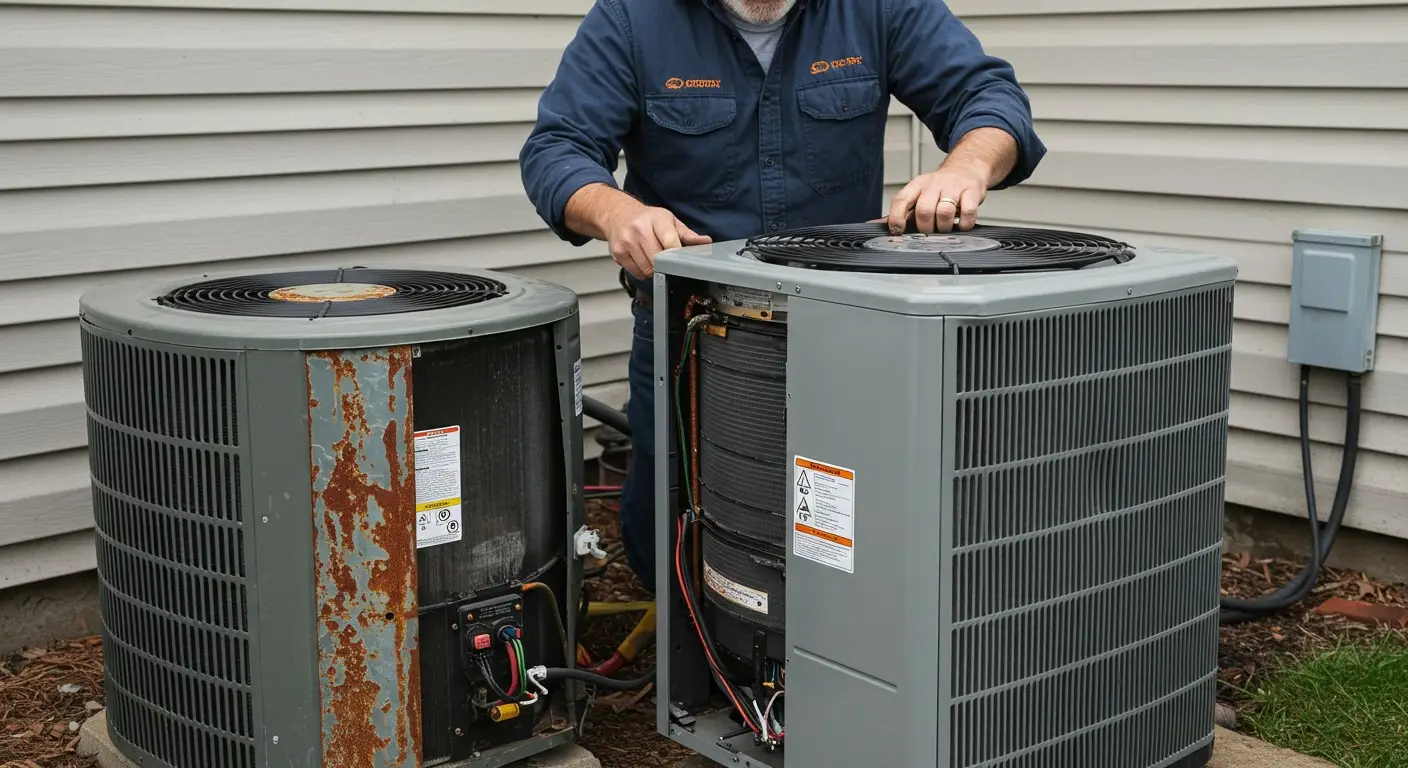Man replacing a new and old AC unit.