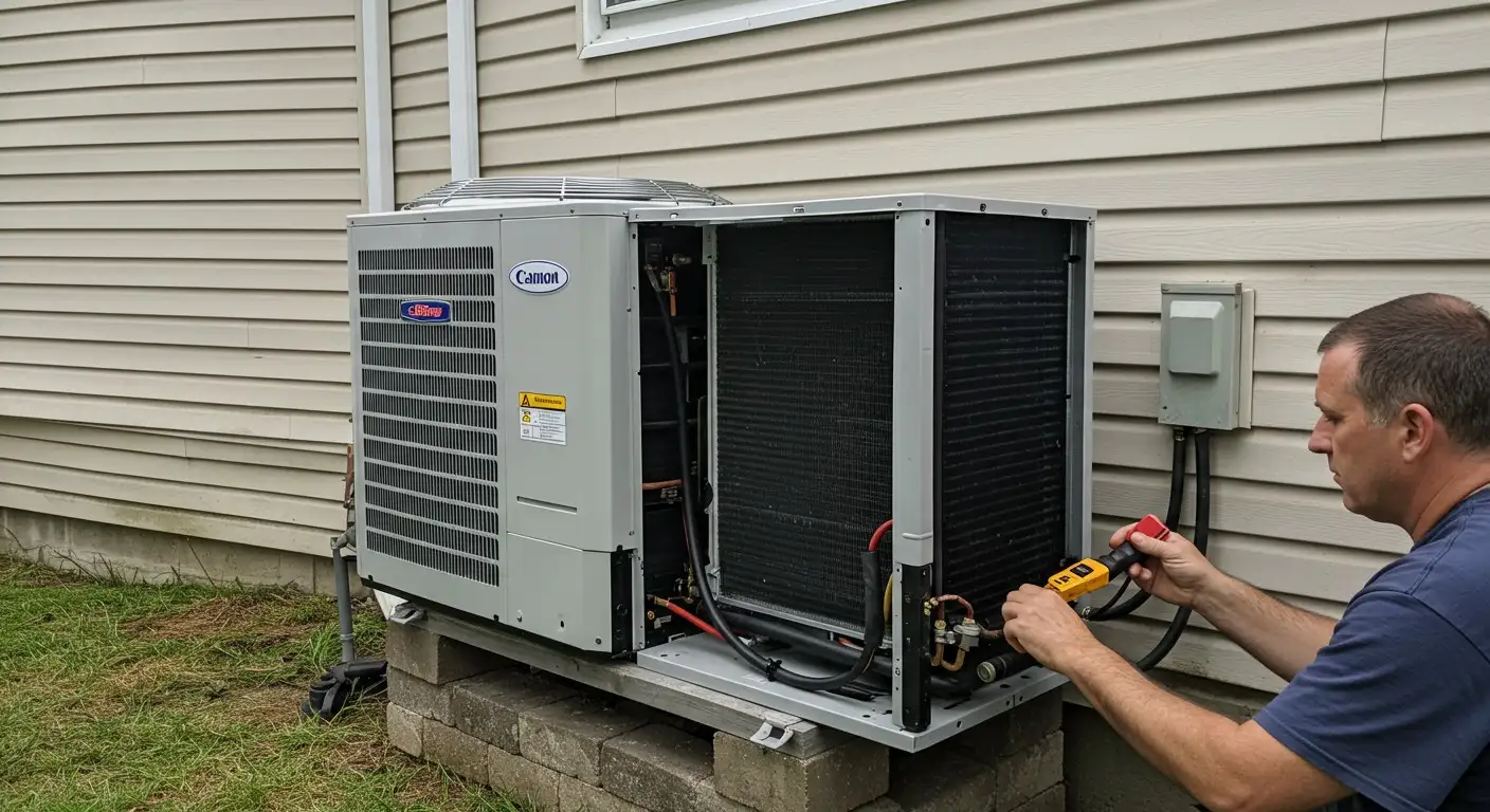 Man servicing a two-fan AC unit.