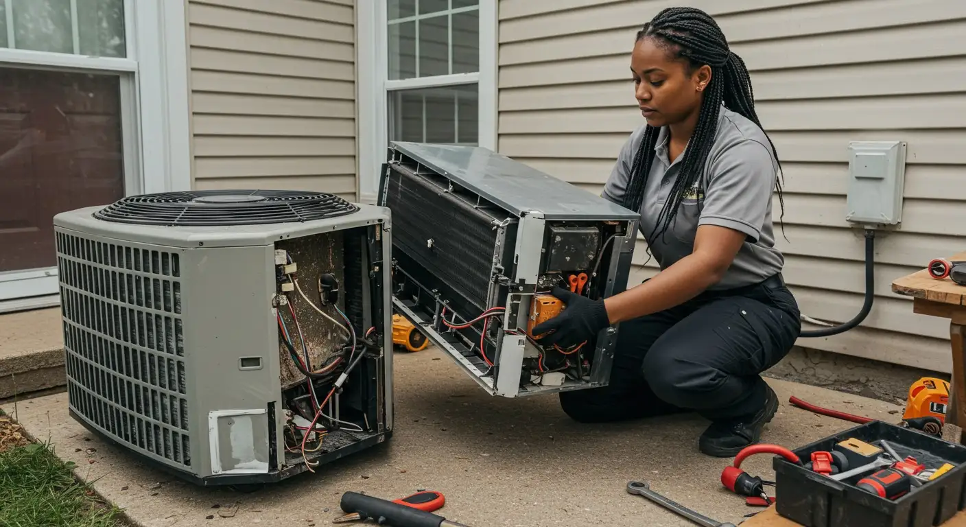 Woman repairing a two-fan AC unit.