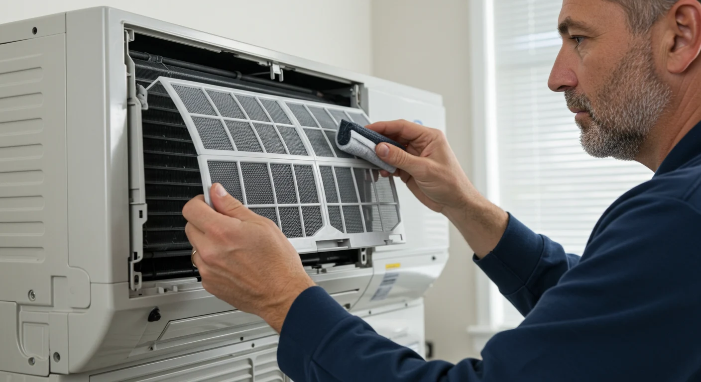 A technician cleaning a ductless AC filter.