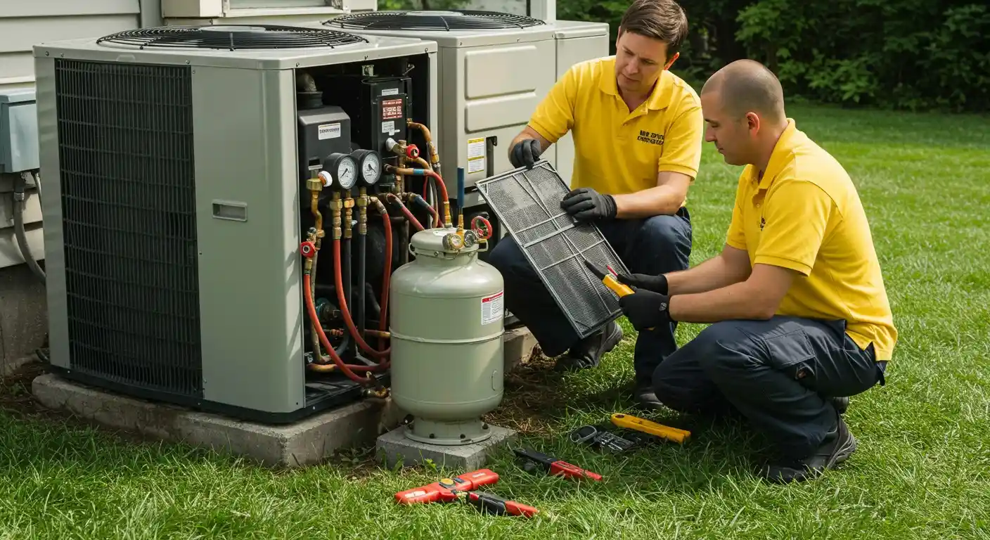 Two male technicians working on a unit.