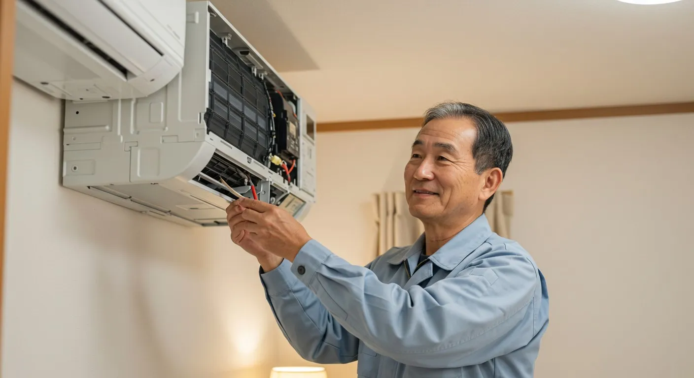 An elderly male technician repairing a mounted AC unit.