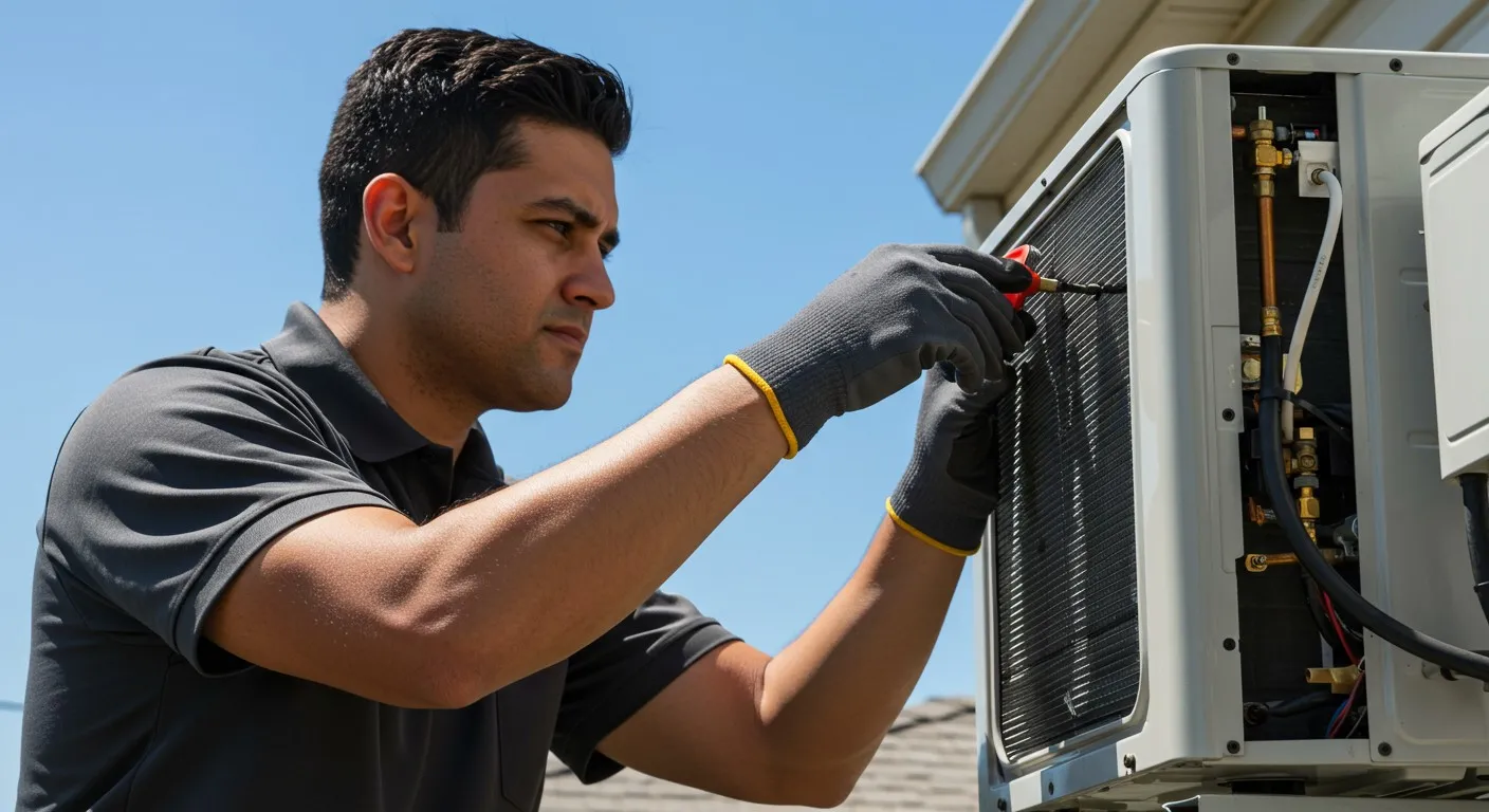 technician repairing a mounted AC unit.
