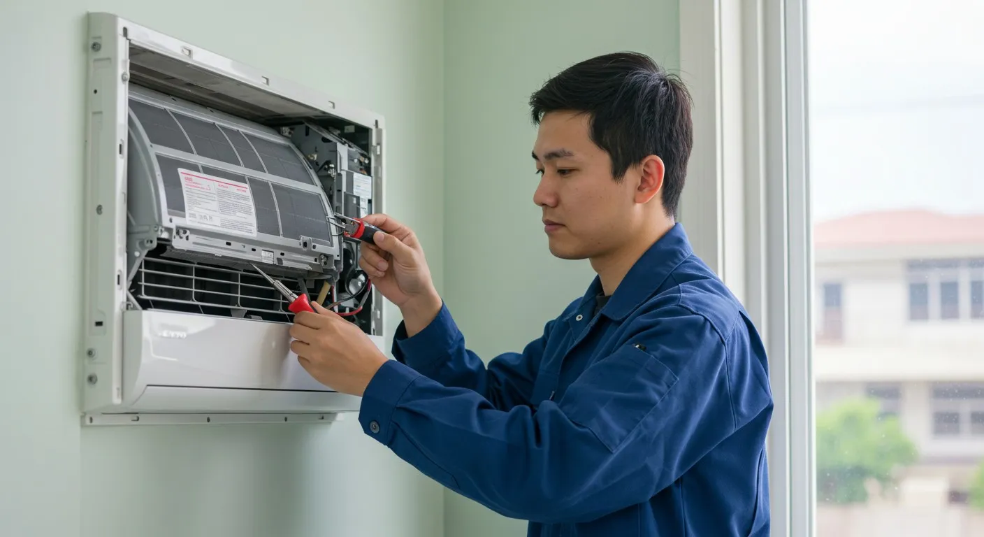 A male technician repairing a mounted AC unit.