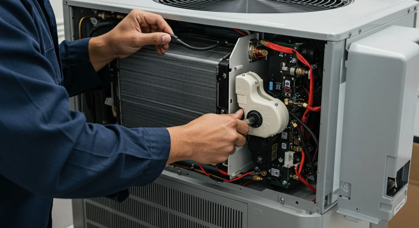 A person inspecting an open HVAC unit.