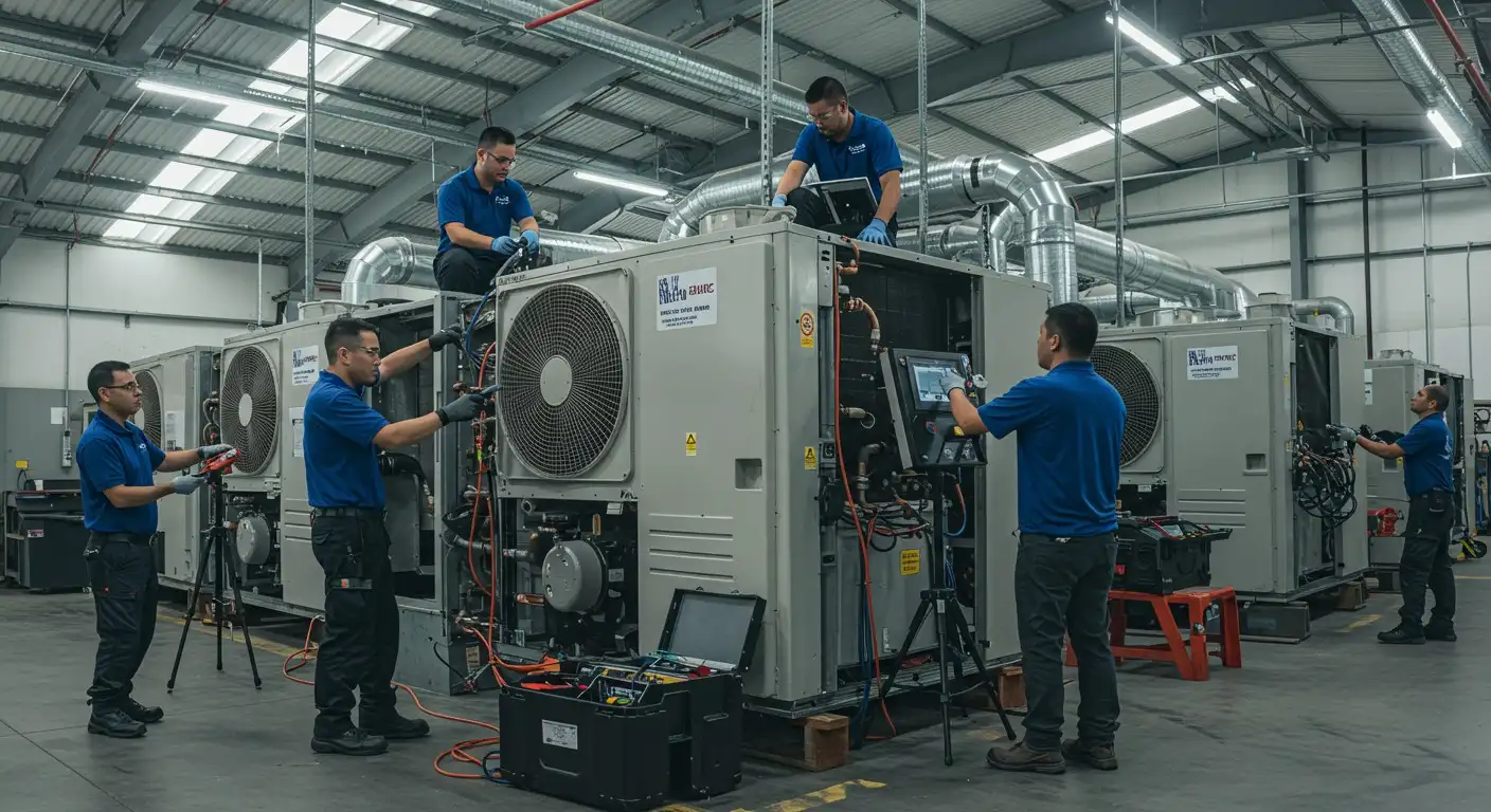 Team of technicians servicing large HVAC units.