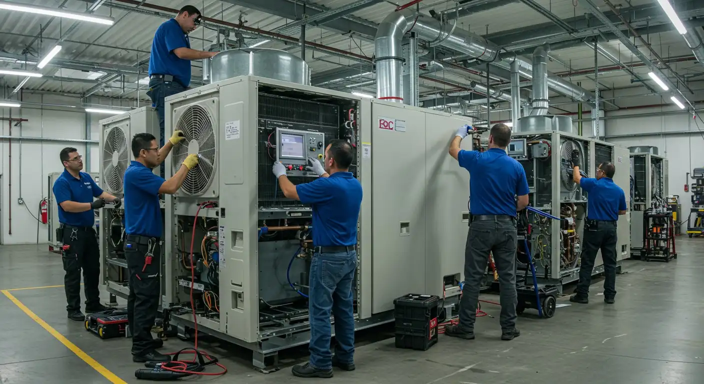 Team of technicians servicing industrial HVAC.