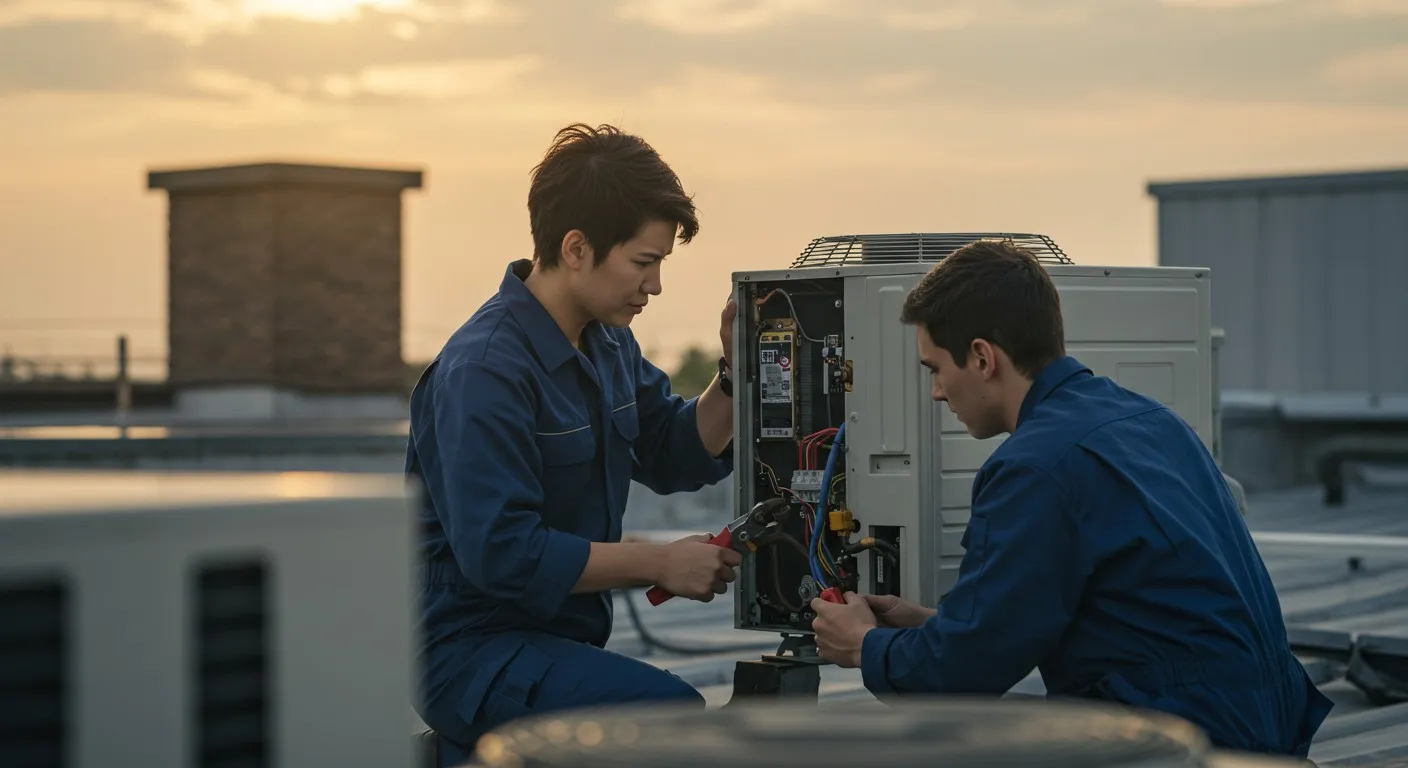 Two HVAC technicians repairing a rooftop unit.