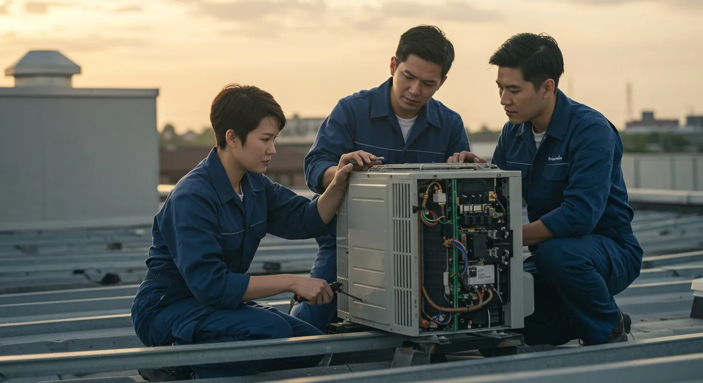 Three people repairing a rooftop HVAC unit.
