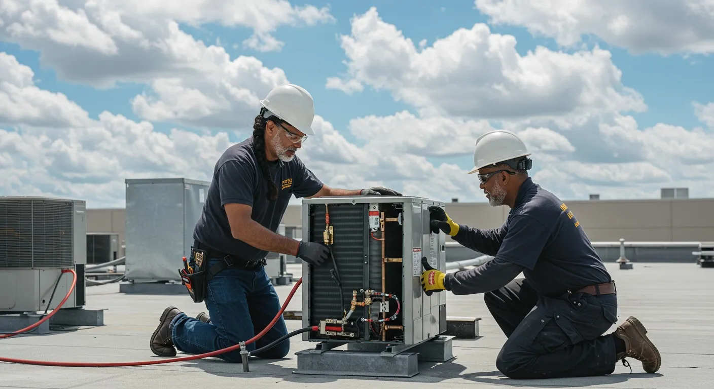Two HVAC technicians fixing an AC unit together.