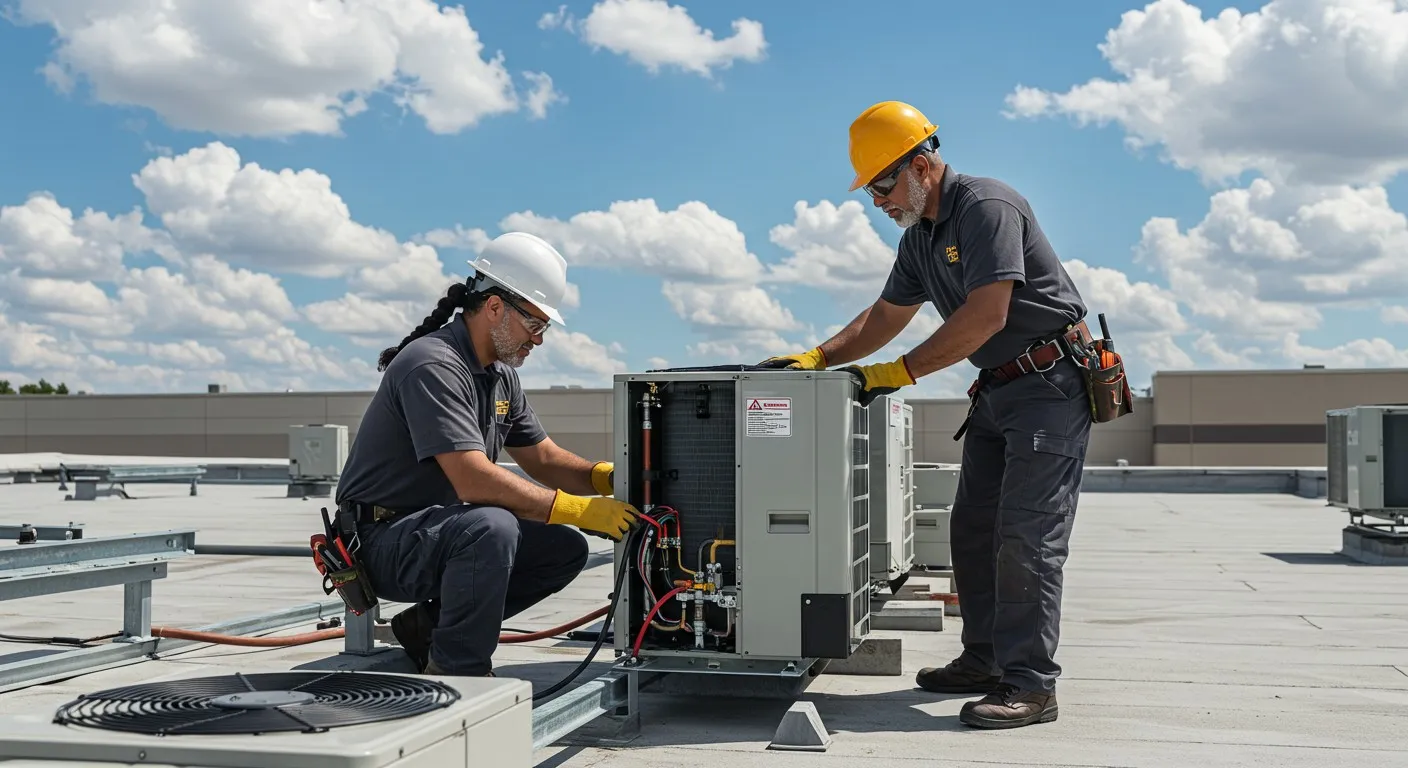 Two male technicians working on a rooftop AC.