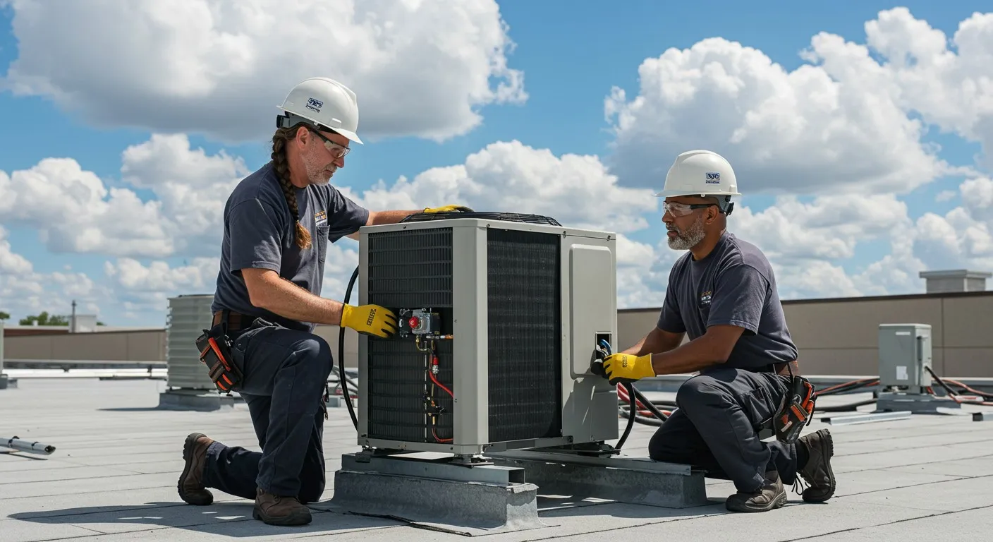 Two HVAC technicians working on a rooftop AC.