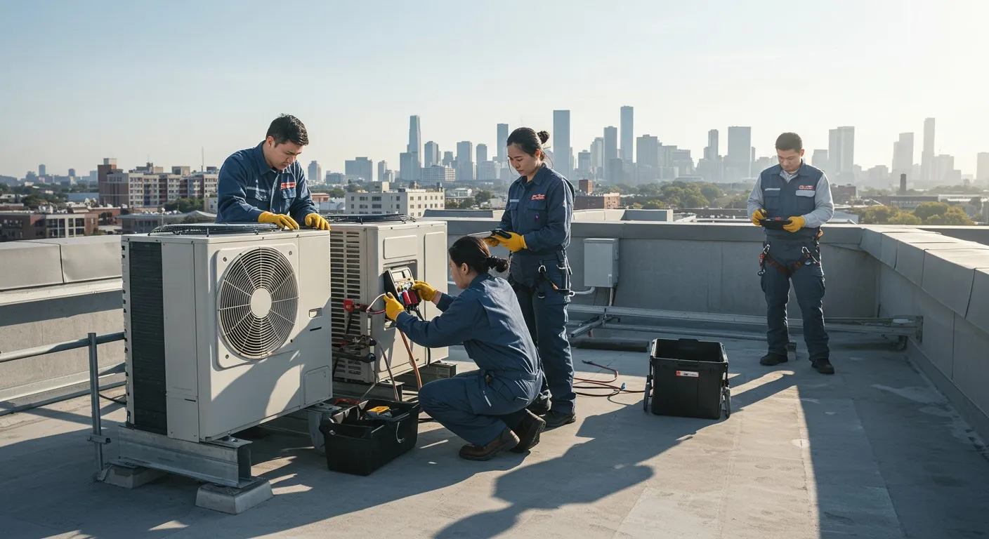 Four HVAC technicians fixing rooftop AC units.
