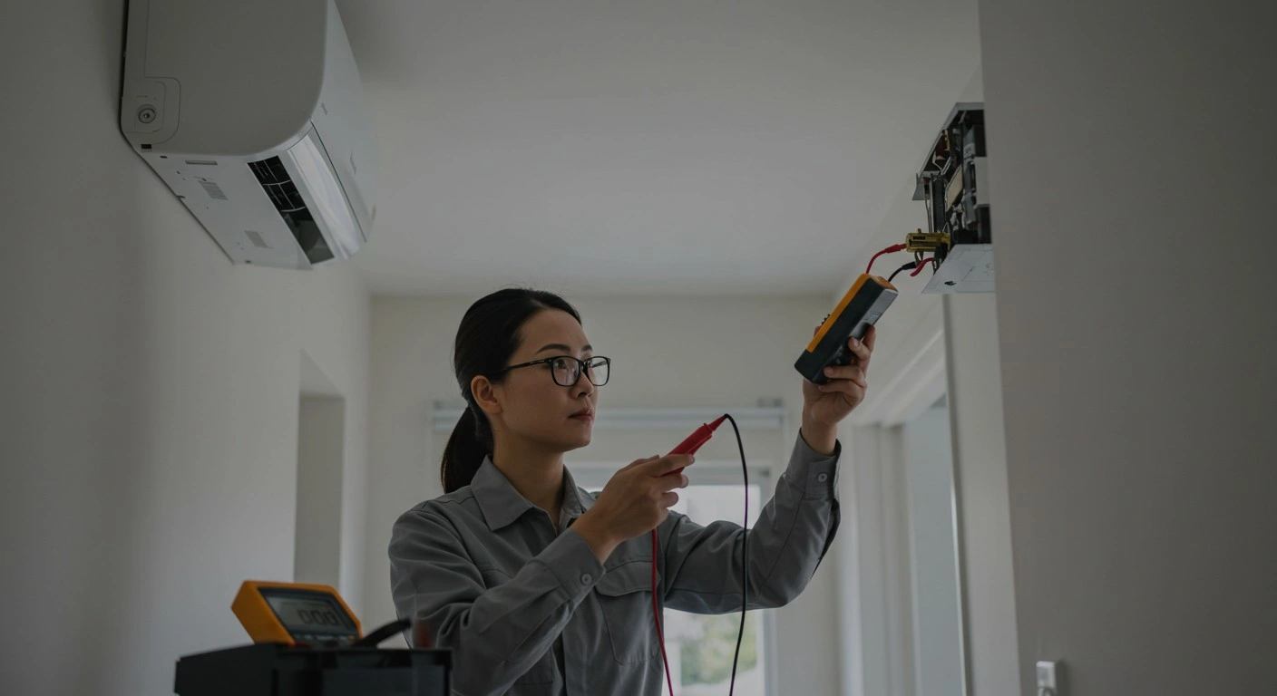 woman checking a wall-mounted AC unit.
