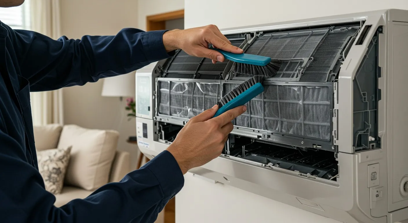 A man cleaning an AC unit's filters.