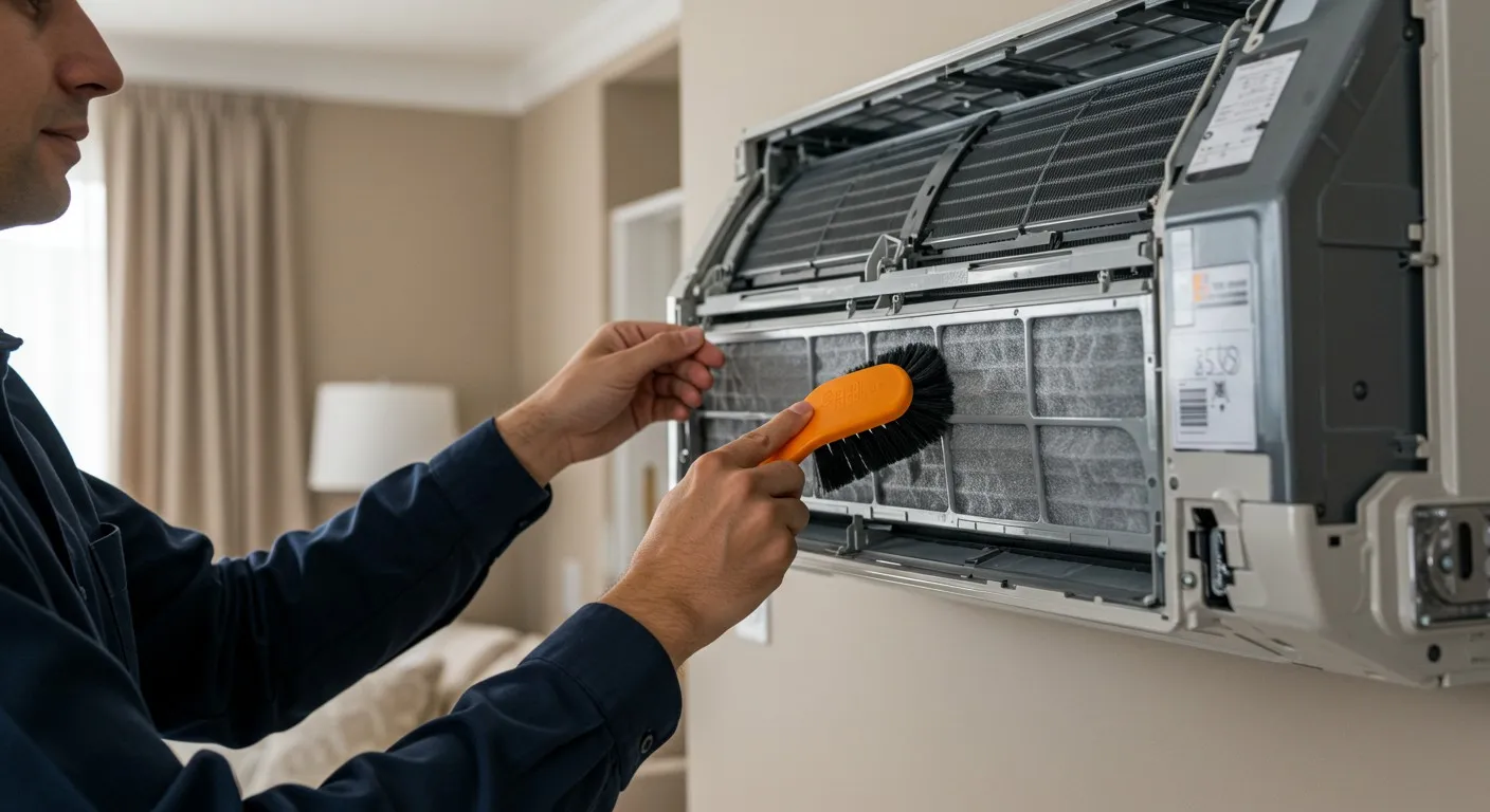 A male technician cleaning a wall-mounted AC unit.
