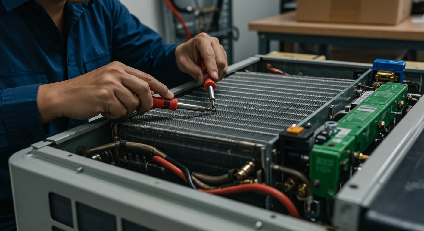 A technician's hands repairing an AC unit.